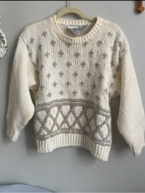 Cream Crewneck Sweater with Gray Patterned Accents